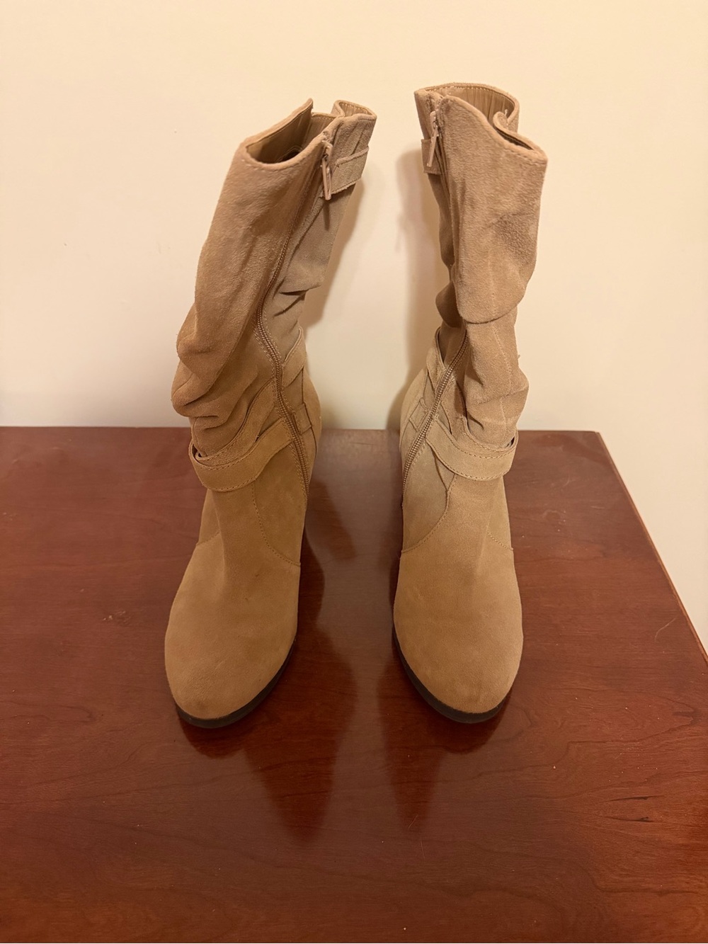 Suede Slouch Mid-Calf Boots in Tan
